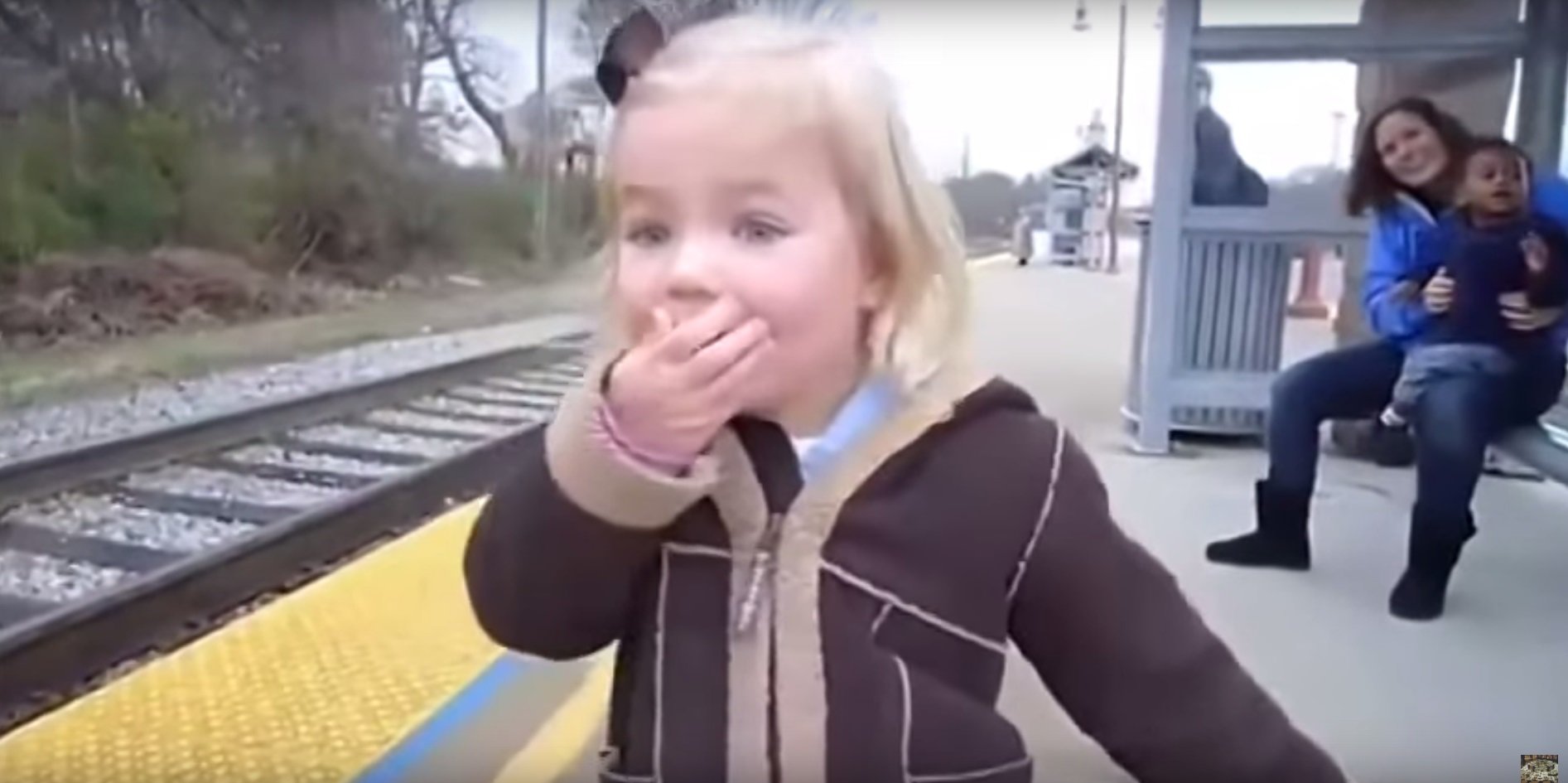 Девочка первый раз увидела поезд